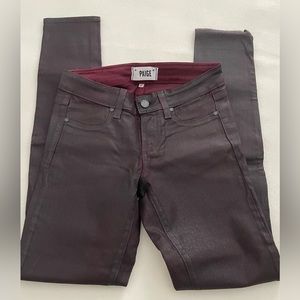 Paige denim jeans, size 25. Coated burgundy color
